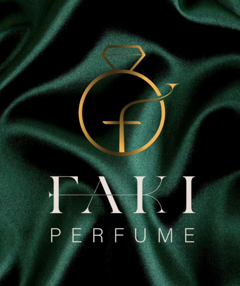 FAKI Perfume logo on a dark green fabric background